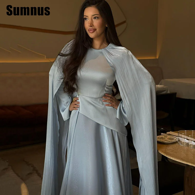 

Sumnus Formal A-Line Sky Blue Evening Dresses High Neck Long Sleeves Floor Length Prom Dresses فساتين سهرة Customized