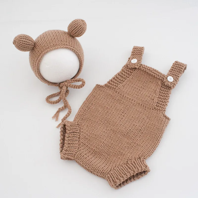 Infant Baby Boys Girls Knitted Jumpsuit+Hat Solid Color Newborn Baby Knitted Bodysuits 0-3M Children Photography Clothing