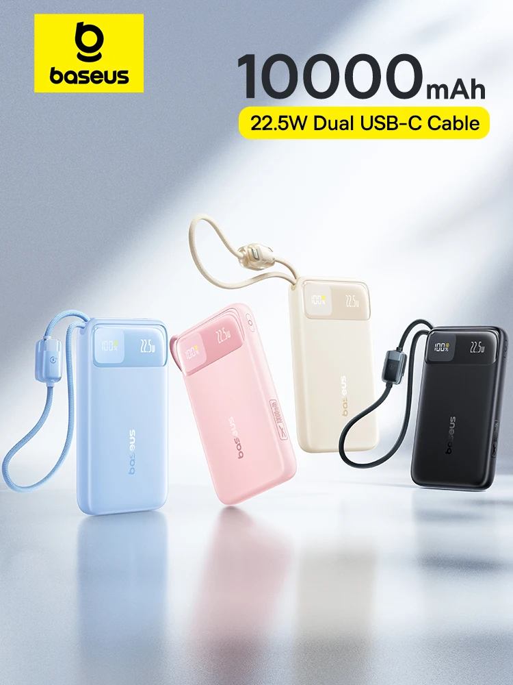 Baseus 10000 mAh Power Bank 22,5 W integriertes Dual-USB-C-Kabel dünner schnelles Aufladen für iPhone 17 Pro Max Samsung S25 Xiaomi Poco