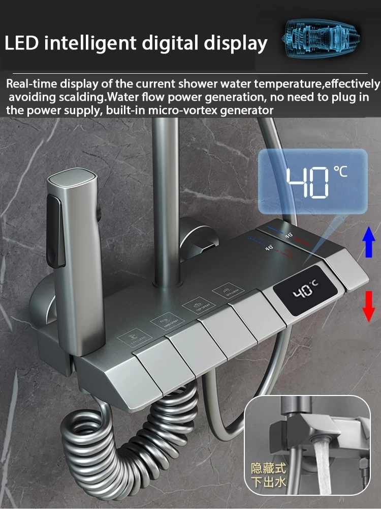 2022 새로운 디자인 구리 Douche 4 방향 욕실 디지털 피아노 키 샤워 수도꼭지 세트 믹서 그레이 색상, 그레이 색상
