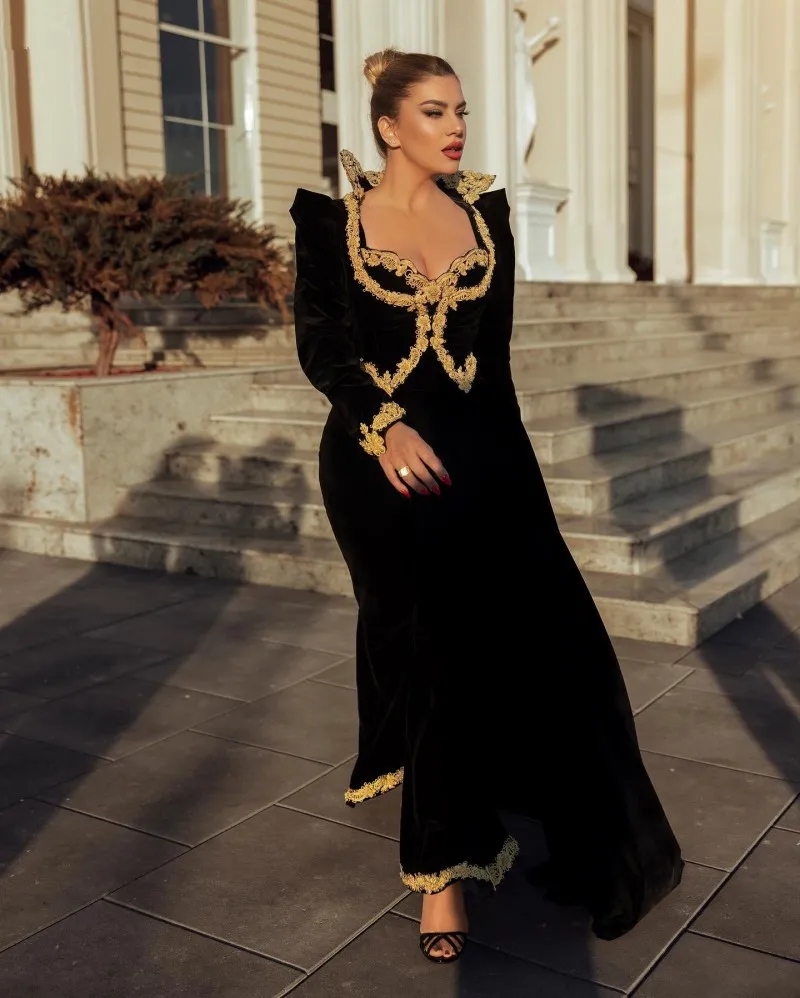 Albanian Black Outfit jumpsuit Evening Dress gold Applique long sleeve Kosovo Formal Occasion Dresses Prom Gowns with pant