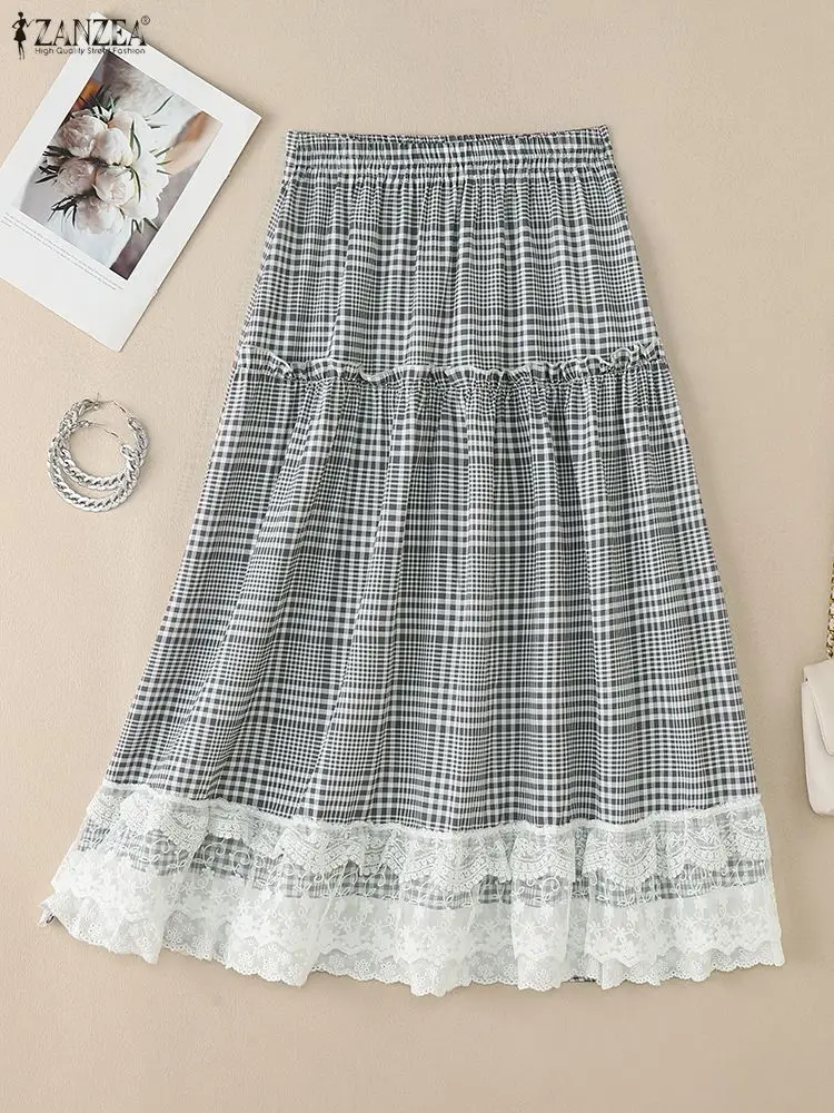 ZANZEA Women Fashion Lace Patchwork Plaid Long Skirts Elegant Elastic Waist Ruffles Trim Checked A-Line Skirt Woman Casual Wear