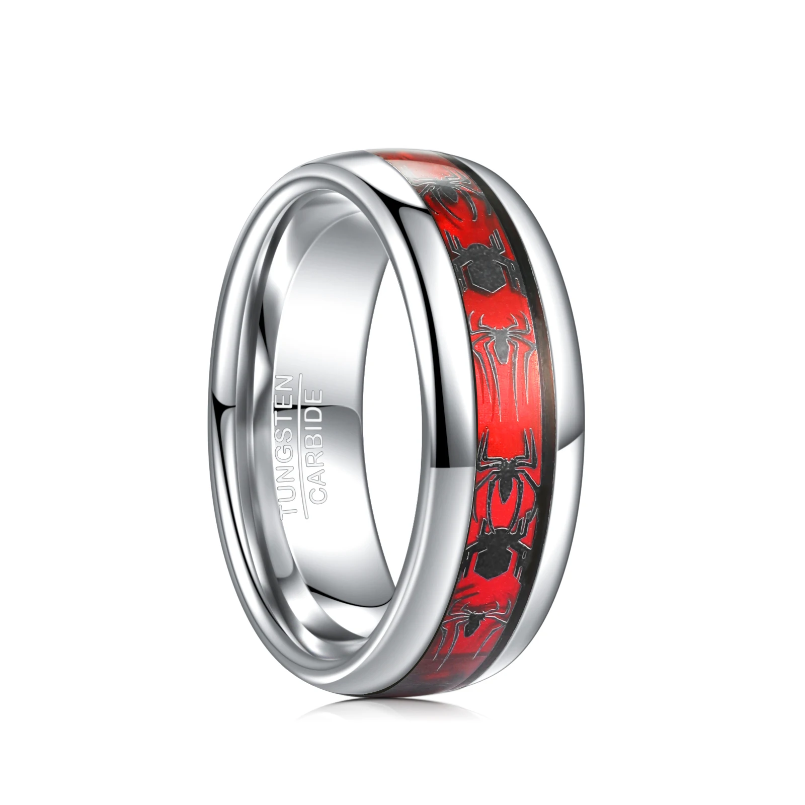 8mm Wide Inlaid Red Opal Paper + Spider Motif Tungsten Steel Men's Ring Wedding Band Tungsten Carbide Ring