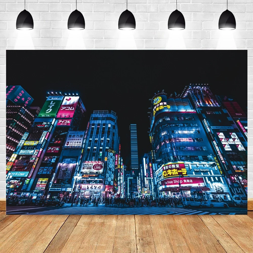 Japanese Street Scene Background Vintage Retro Tokyo Nighttime Tall Buildings Industrial Decor Photography Backdrop Photo Studio