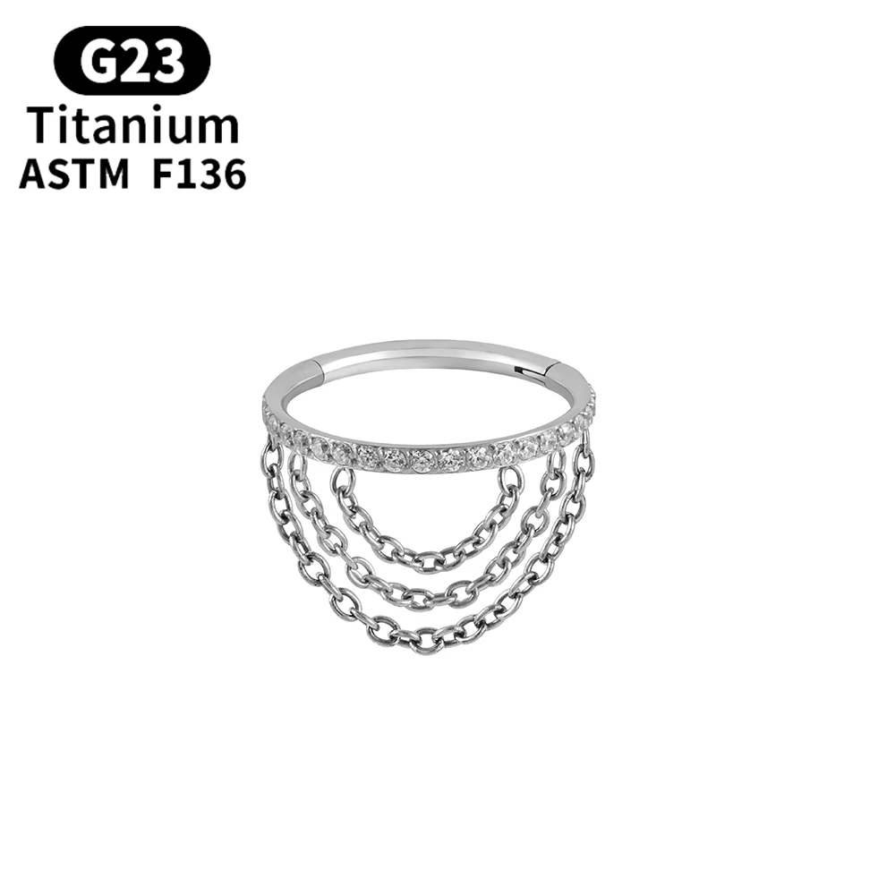 16G G23 Titanium Nose Ring Chain Piercing Body Jewelry Zircon Hoop Earring Hinge Clicker Open Diaphragm Nose Ring