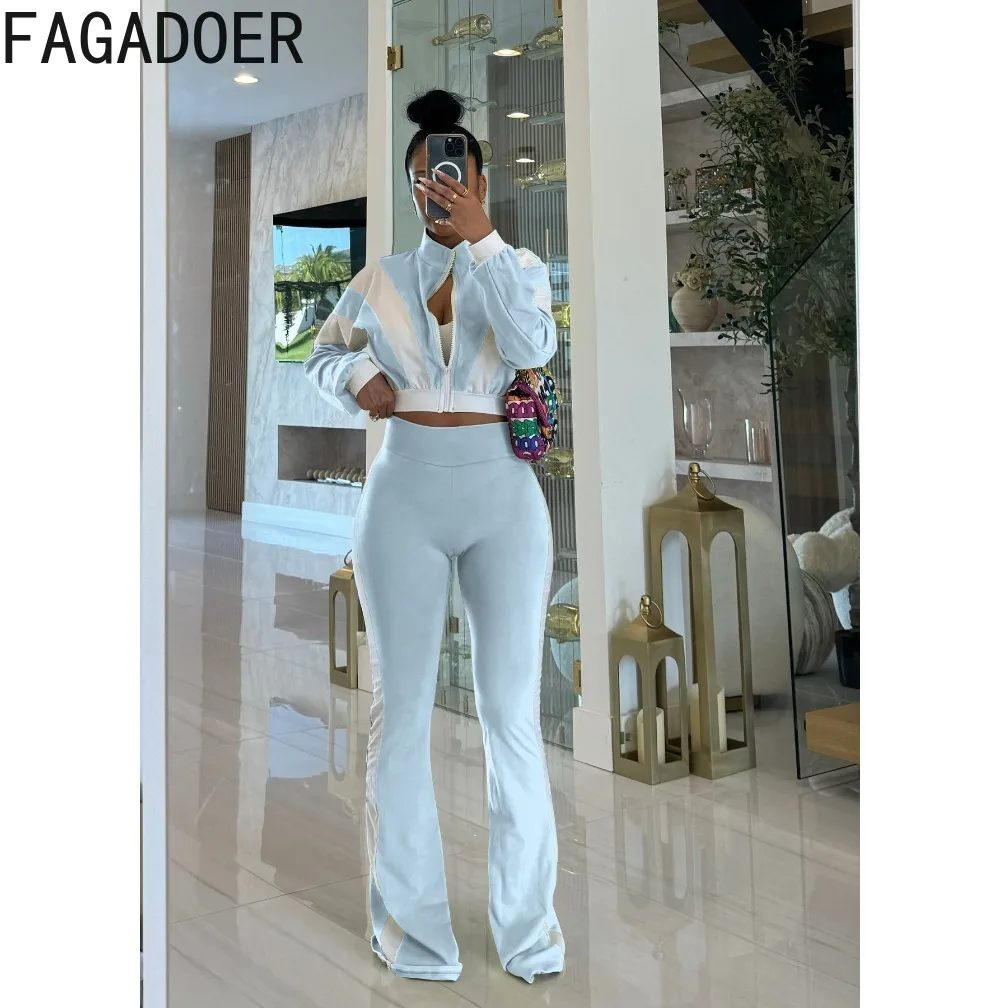 FAGADOER модный комплект из 2 предметов для женского наряда, укороченный топ с длинными рукавами и брюки в тон, женская уличная одежда, новинка осени