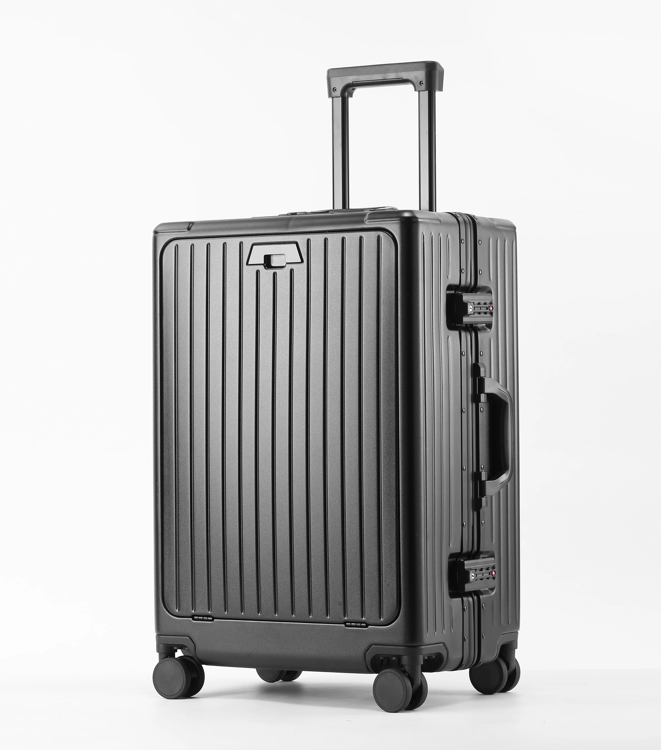 حقيبة أمتعة من الألومنيوم بتصميم جديد لعام 2025 مقاس 20/24 بوصة تحمل على المقصورة وعجلات دوارة وخفيفة الوزن وحقيبة سفر ذات غلاف صلب باللون الأسود