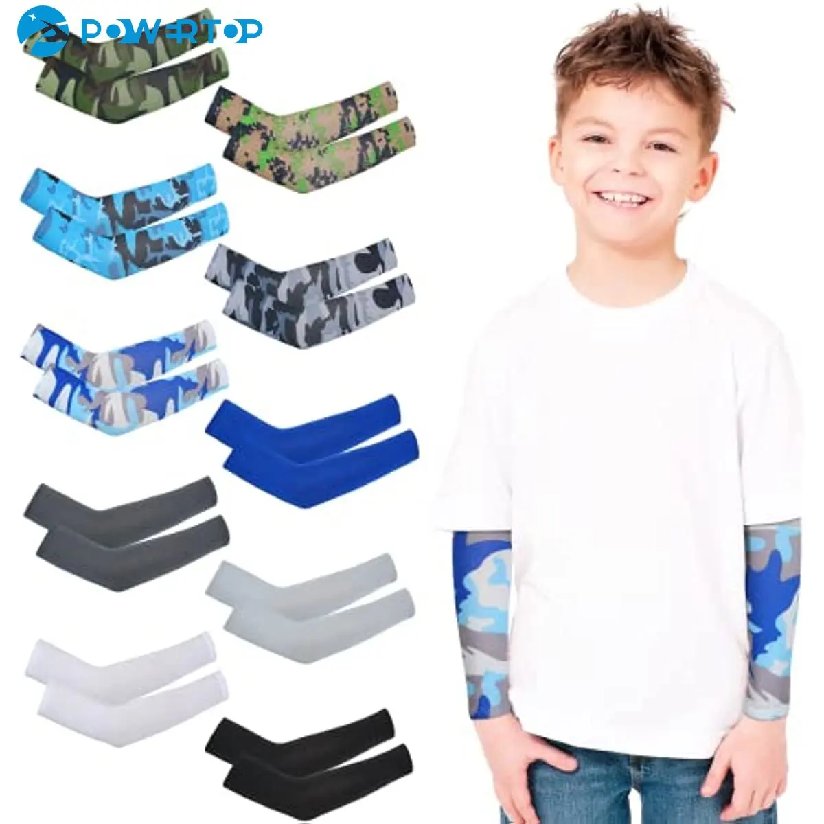 1Pair Arm Sleeves for Kids Camouflage Solid Toddlers Child UV Protection Sleeve Cooling Anti Slip Arm Sleeve Ice Silk Arm Covers