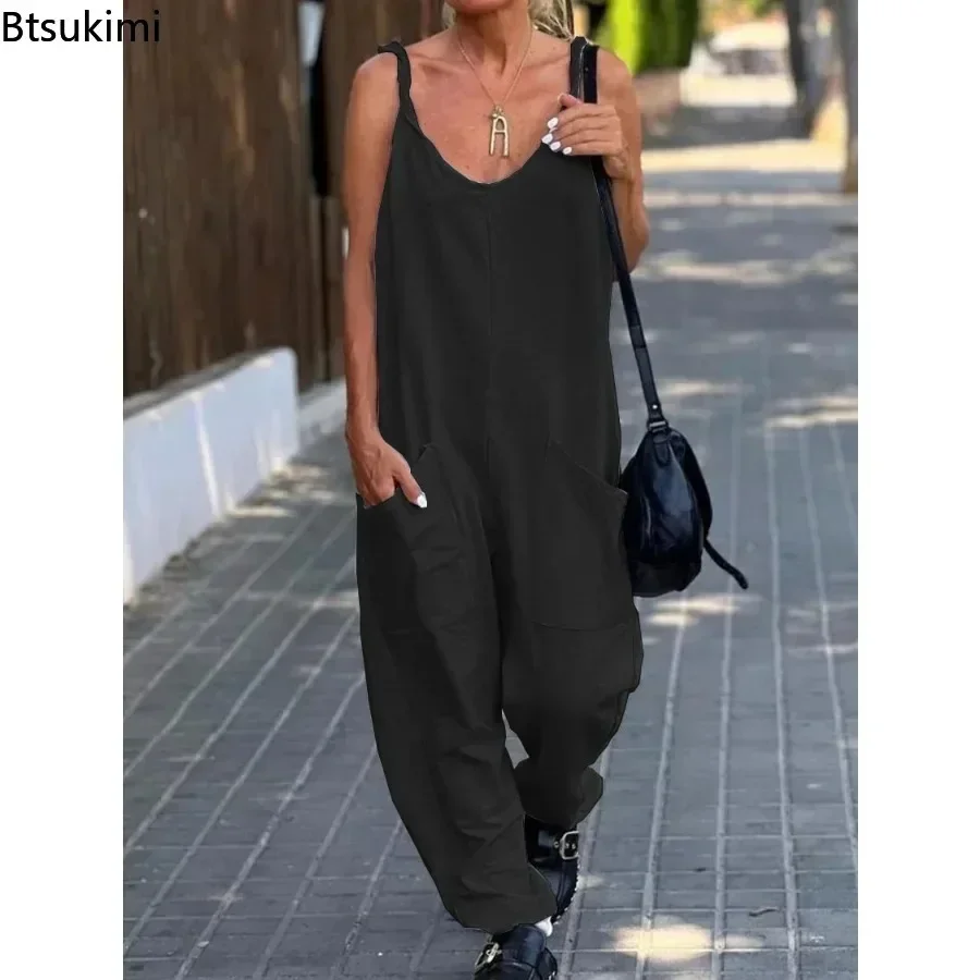 2024 Women\'s Plus Size Casual Wide Leg Jumpsuits Solid V Neck Low-cut Daily Wear Oversized Overalls Female Outfits Backless 5XL