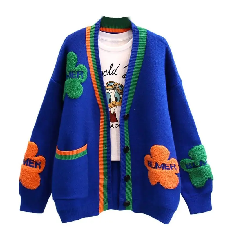 Blue Acrylic Knit V-Neck Letter Flower Casual Women\'s Cardigan Sweater Single Breasted Cardigan For Women Clothing Thick Winter