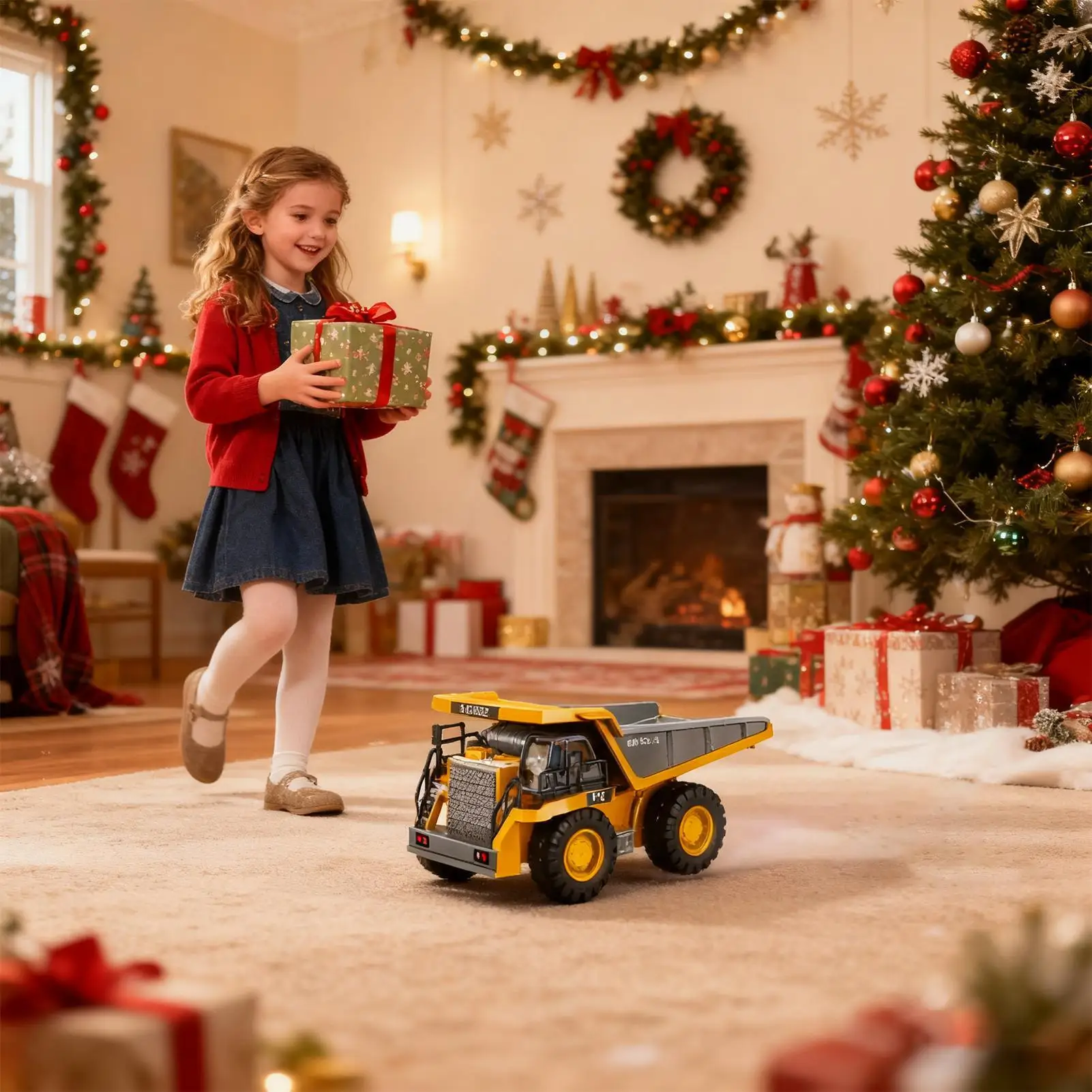 Veicolo da costruzione per camion elettrici per bambini con autocarro con cassone ribaltabile giocattolo con letto in metallo leggero e sonoro con batteria ricaricabile per età