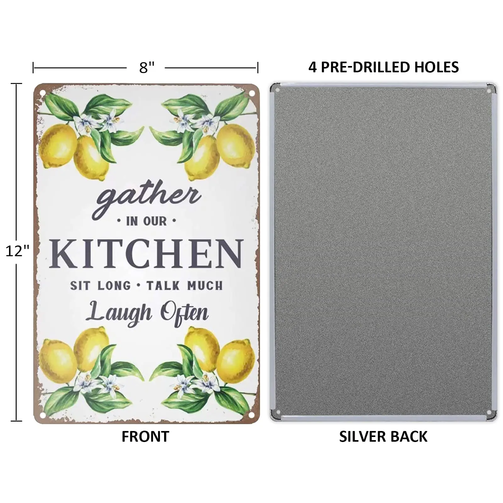 YOMIA Metal Tin Sign Lemon Decor Gather in Our Kitchen Sit Long Talk Much Laugh Often Rustic Wall Decor for Home Kitchen Bar Cof