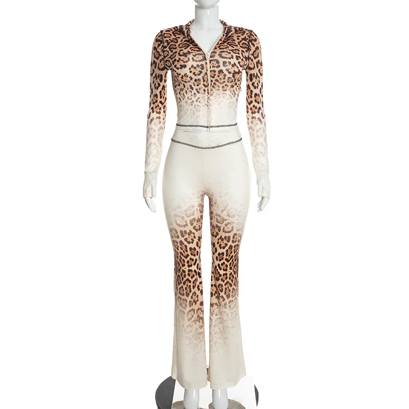 Fashion Leopard Print Gradient 2 Piece Set Women Tracksuits Long Sleeve Zipper Hooded Jacket Crop Tops + Flare Pants Casual Suit
