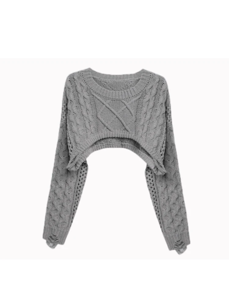 Women Grey Pullover Sweater 90s Aesthetic Y2k Vintage Hollow Out Long Sleeves O-Neck Knitted Jumper Sweaters 2000s Clothes 2024