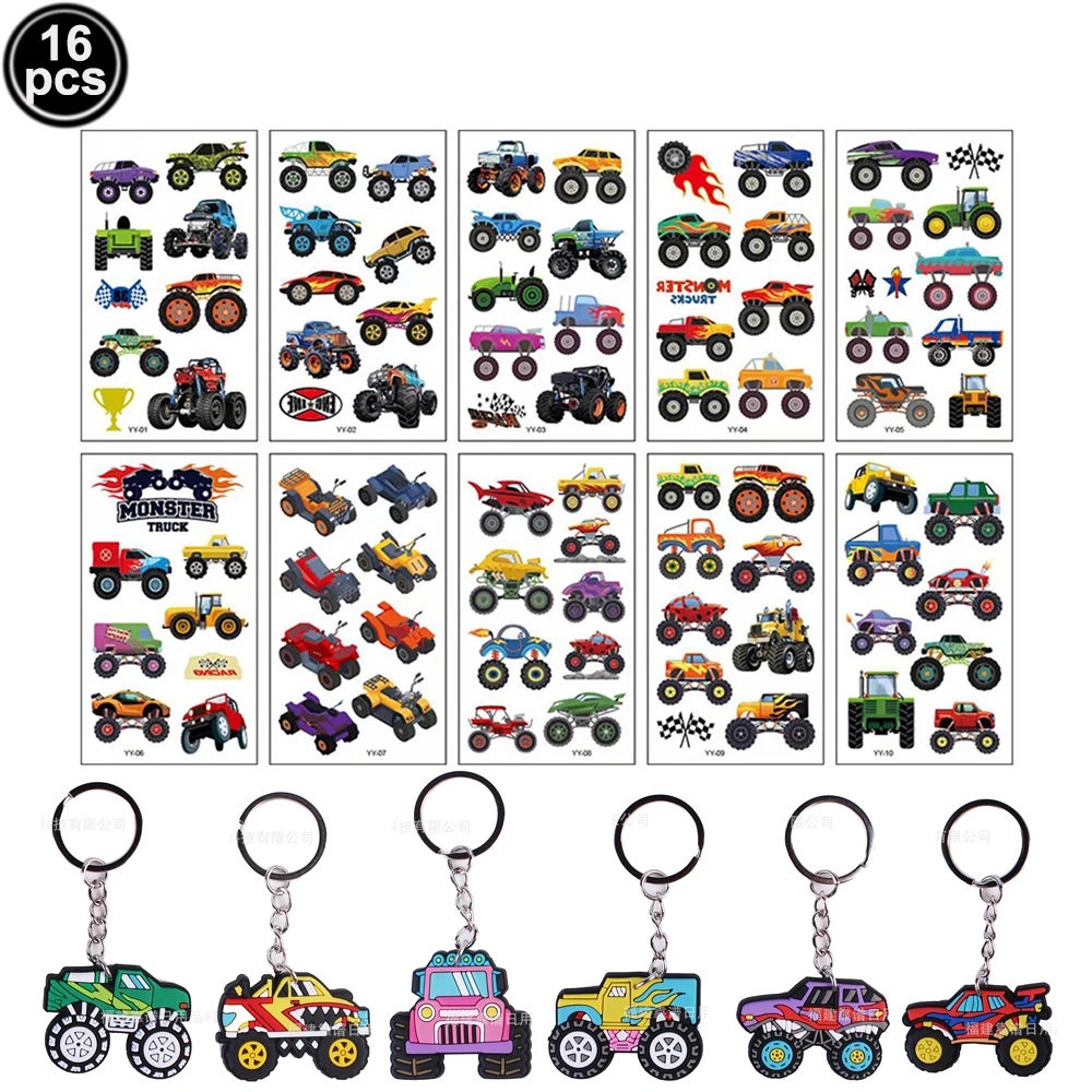 Monster Truck Temporary Tattoo for Boys Racing Car Checkered Flag Wheel Fake Tattoo Stickers Monster Truck Birthday Party Favors