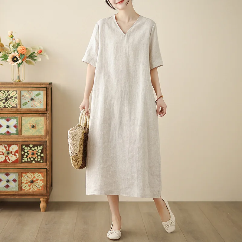 

Summer Simple Women's Loose Fit Cotton Linen V Neck Short Sleeve Dress Slimming Solid Color Plus Size Casual A-line Robe Dress