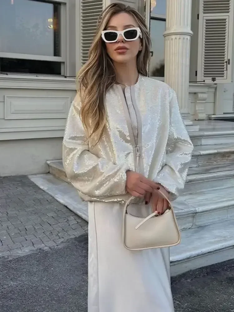 Fashion Sequins Bomber Jackets for Women 2024 Chic Female Casual Jacket Coats Ladies O-Neck Long Sleeve New Outerwear