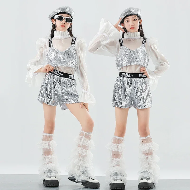 

Jazz Dance Costume Girl Fashion Kpop Stage Clothes Silver Sequined Performance Outfit Vest Shorts Runways Show Clothing