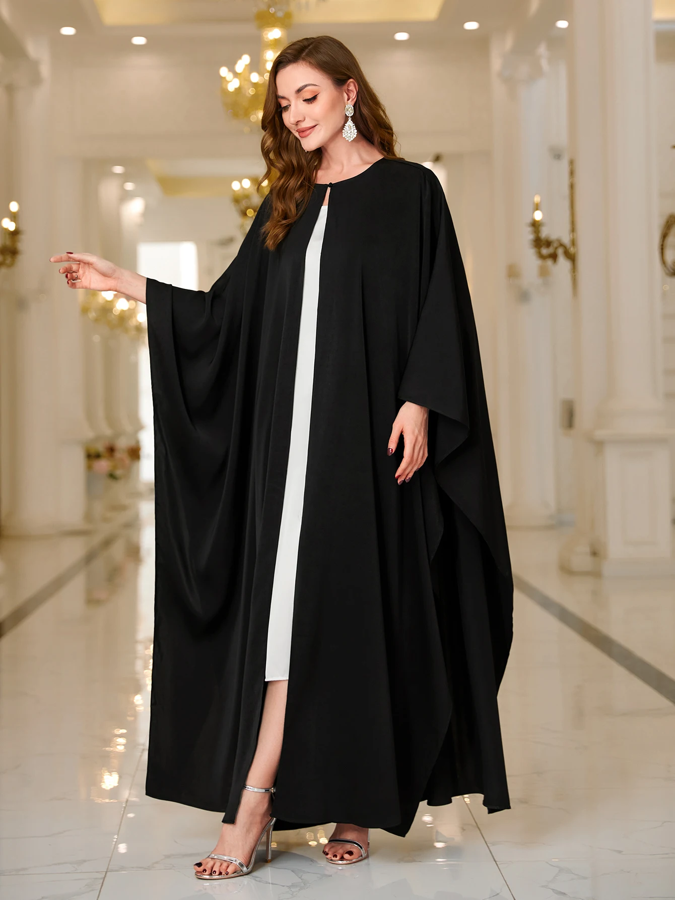 Ramadan Abaya Button Front Batwing Sleeve Modest Dress, Elegant Loose Solid Color Cloak Maxi Outwear Kaftan, Women\'s Clothing