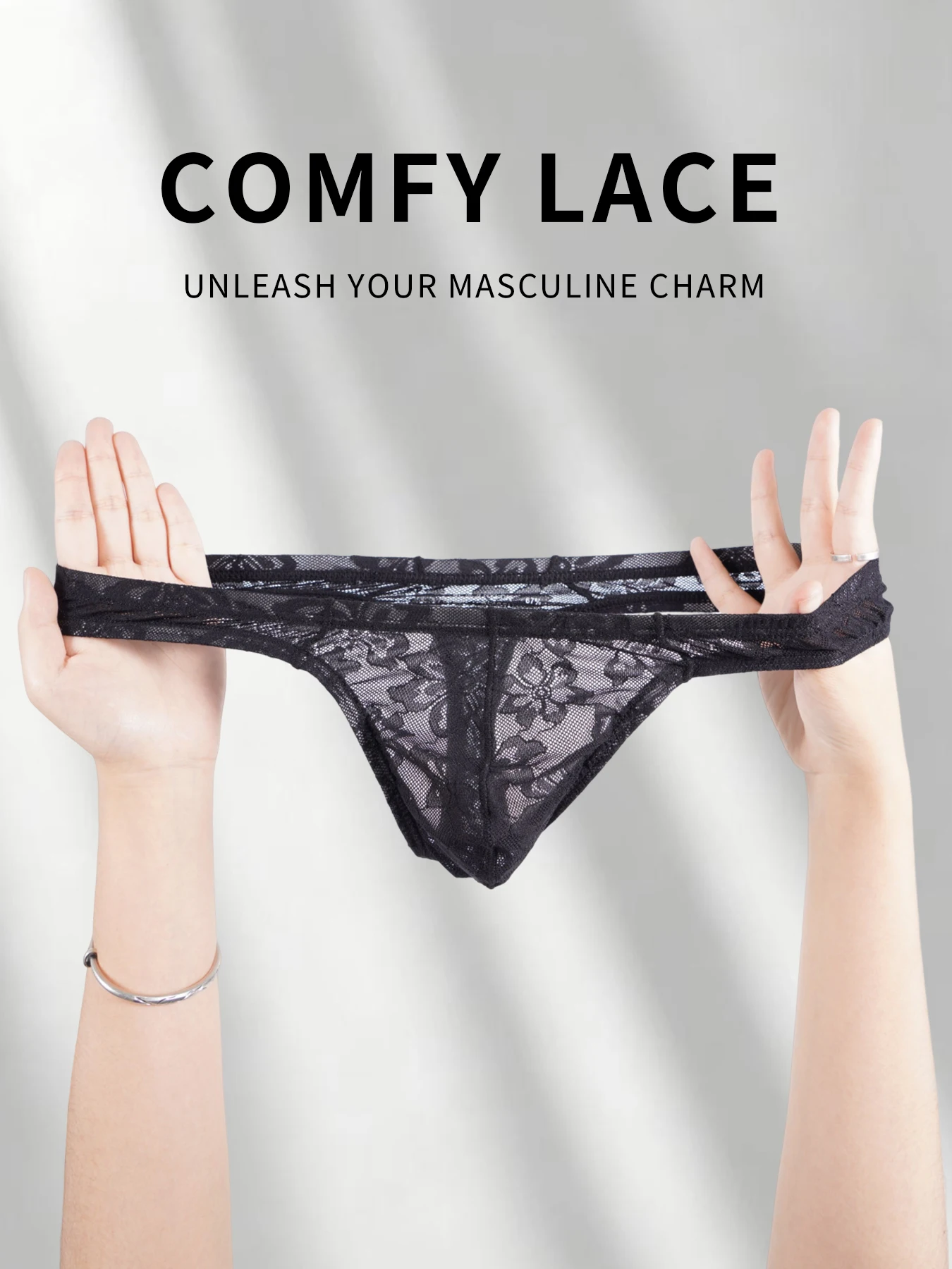 Men's Sheer Floral Lace Thong, Low Rise High Elastic Ultra-Thin Cool Breathable Underwear, Sexy See-Through Pouch T-Back