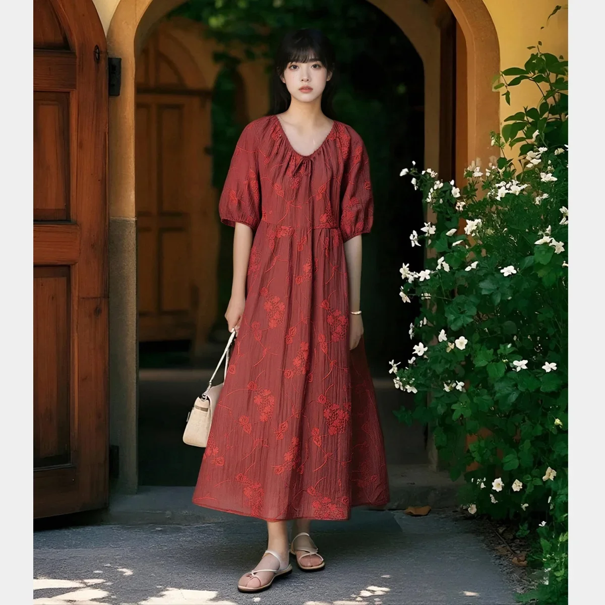 

VIMLY Women's Elegant Flower Embroidered Long Dress 2025 Spring Simple Casual New Round Neck Three-quarter Sleeve Party Dress