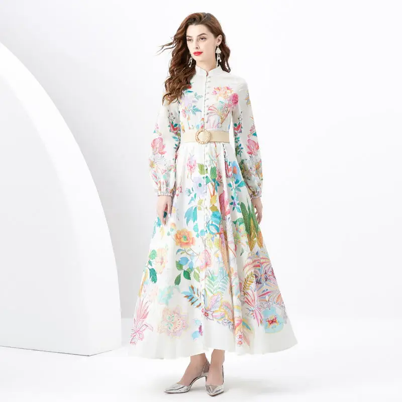 TRAF Elegant Linen Floral Holiday Robe Maxi Dress Women Spring Summer Fashion Stand Long Sleeve Sashes  Floral Print Vestidos