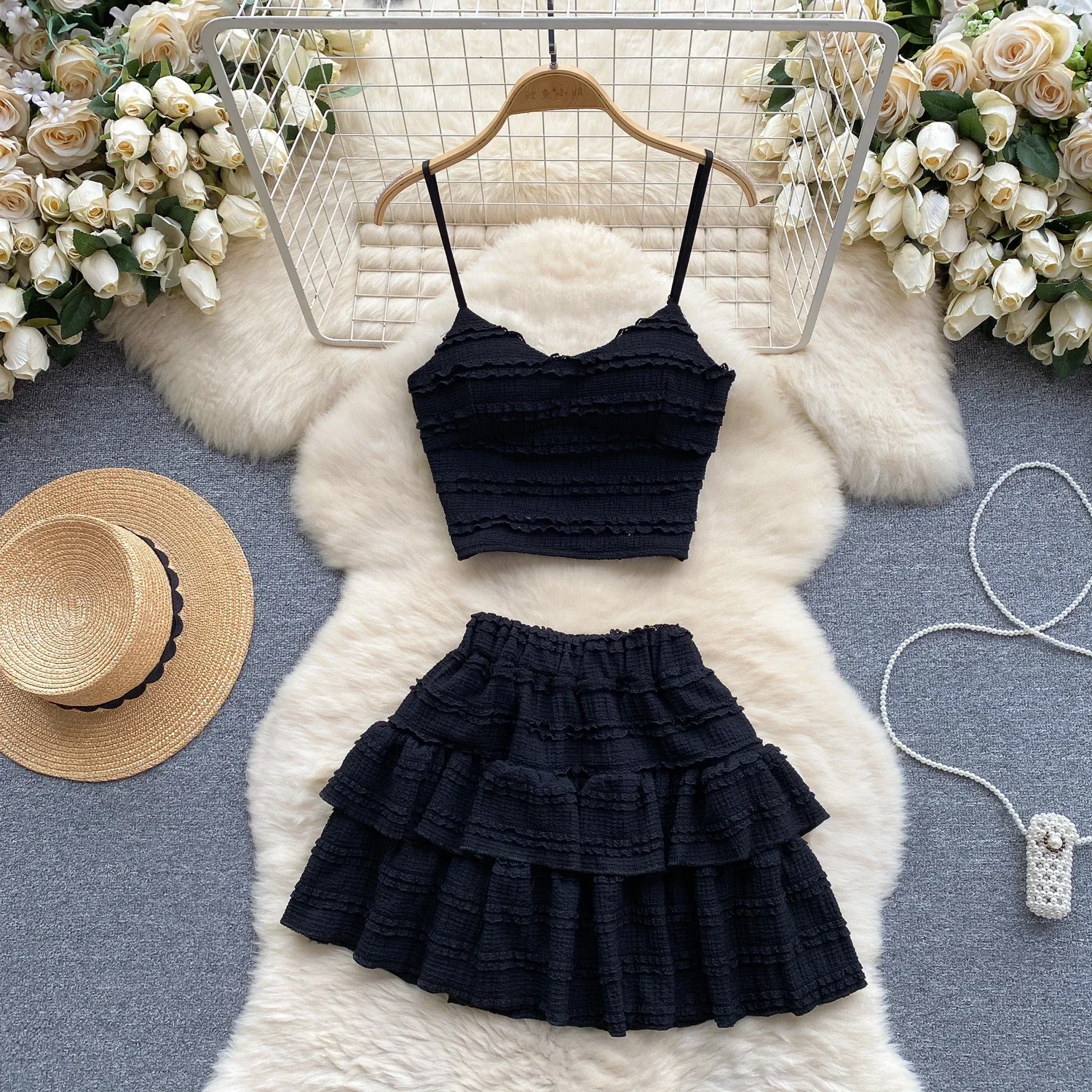 Women V-Neck Sweet Ruched Two Pieces Sets Strap Crop Tops+Short Pleated Skirt Women Korean Style Chic Summer Beachwear Suits