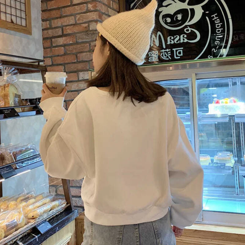 Women Sweatshirts Solid Casual Aesthetic Long Sleeve Cropped All-match Fashion Feminino Students Friends Autumn Simple Ulzzang