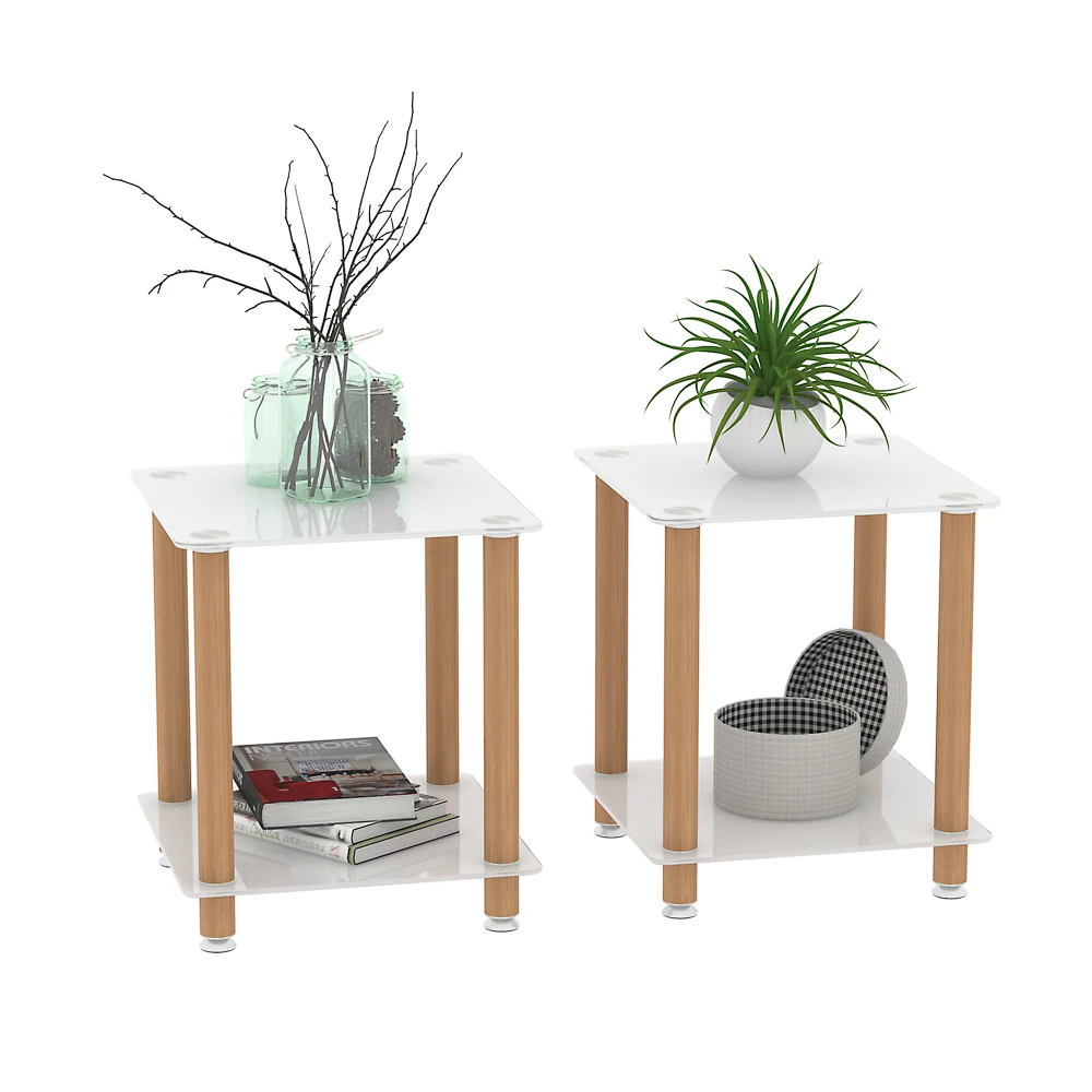 

2-Piece White+Oak Side Table , 2-Tier Space End Table ,Modern Night Stand, Sofa table, Side Table with Storage Shelve