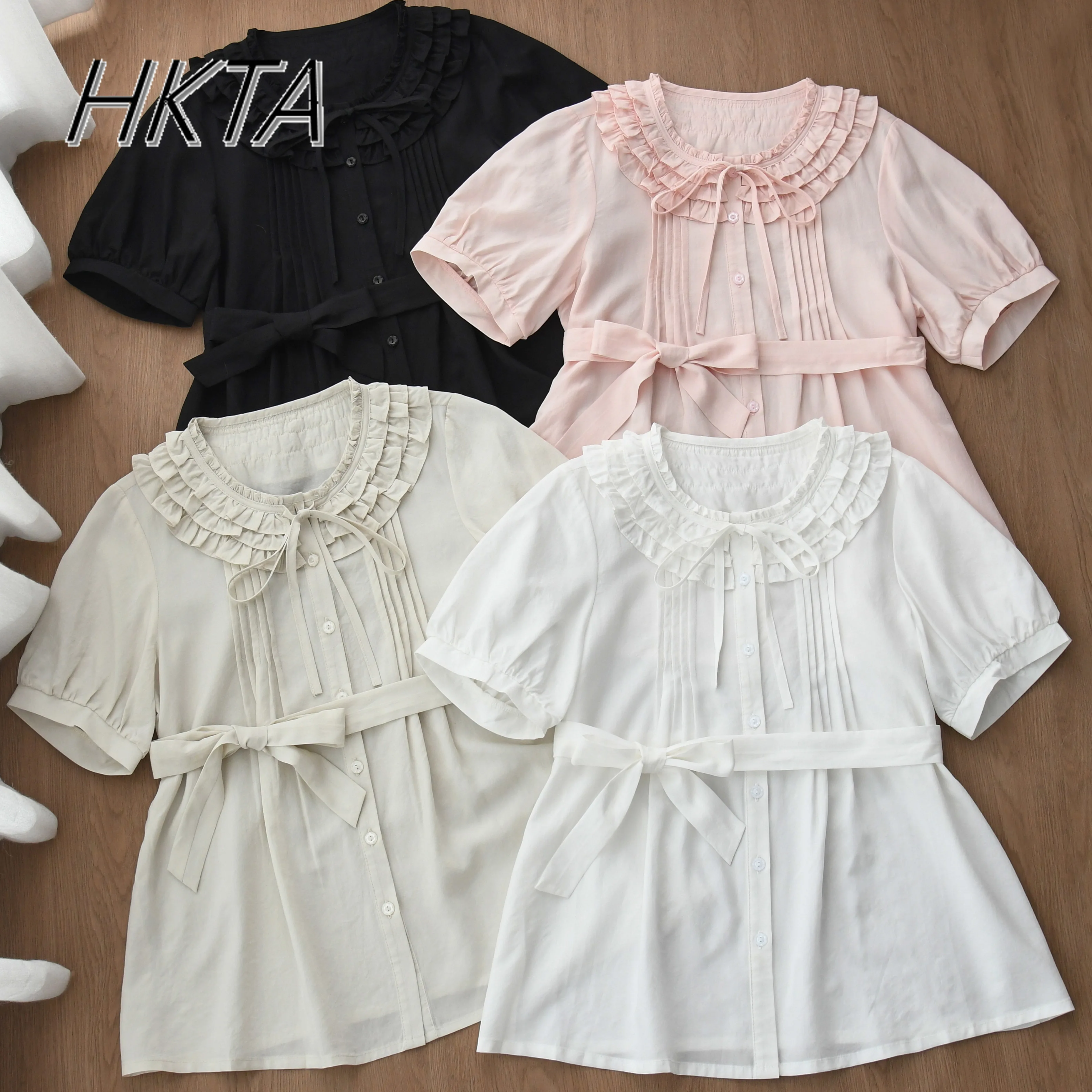 

Lolita Shirt Women Girls Round Neck Simple New Summer Shirts Medieval Lace Ruffle Edge Lace Waist Cute Inner Top Female Blusas