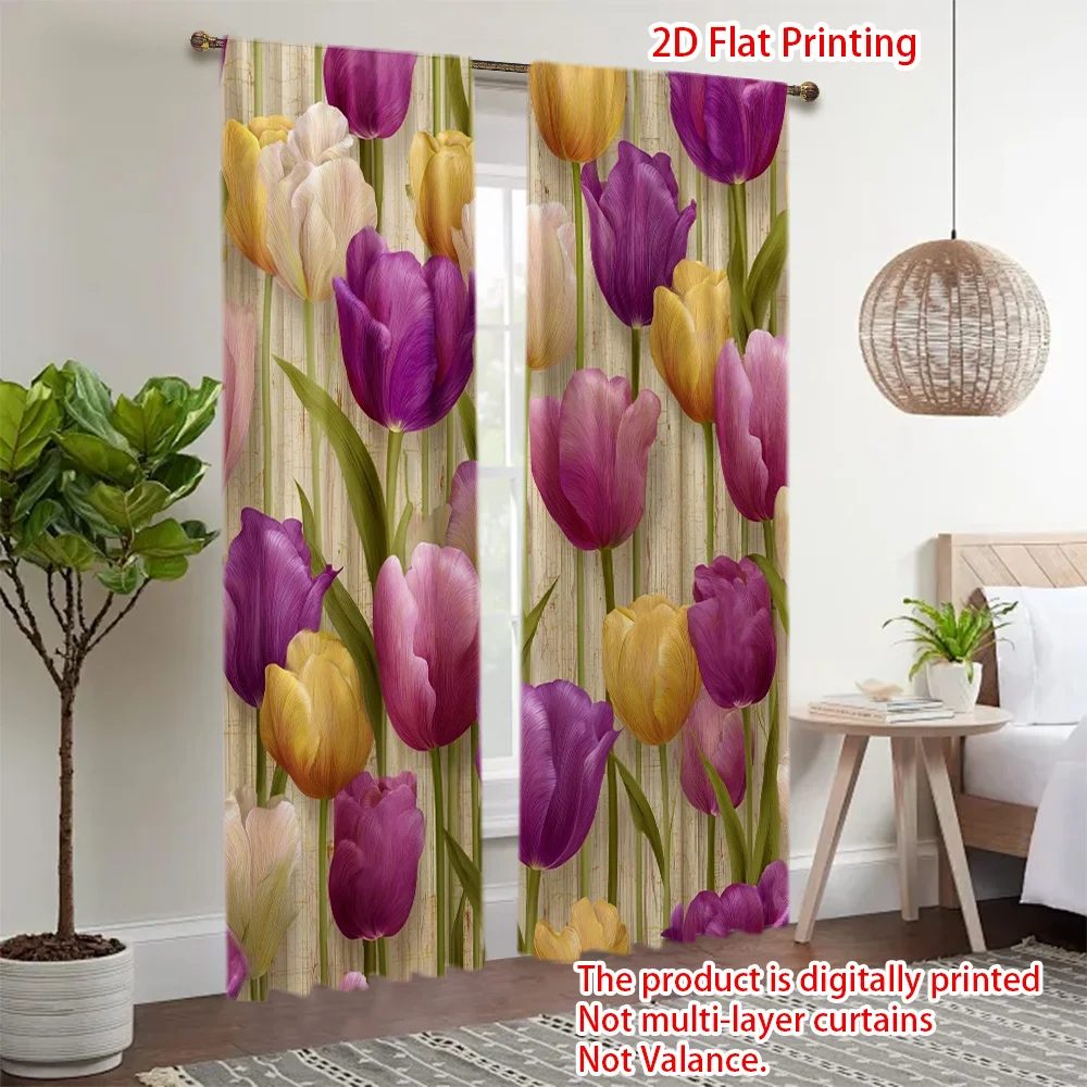 Pastel Tulip Floral Blackout Curtain Purple Pink Yellow Bloom Pattern Drape For Girl Room Apartment Soft Sweet Window Curtain