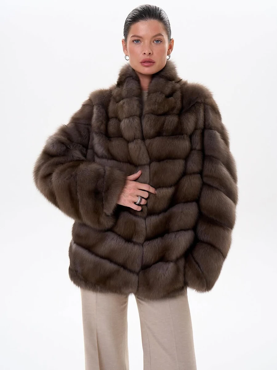 Women Winter Faux Fur Coat 2026 Warm Taupe Fluffy Plush Jacket Striped Patchwork Elegant Outerwear