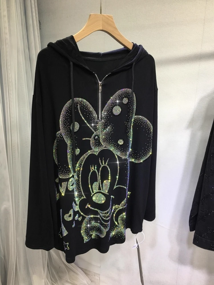 Cute Cartoon Rhinestone Hoodies Autumn Winter Mid-Length Cotton Sweatshirts Versatile Slimming Hooded Top For Women's Black Coat
