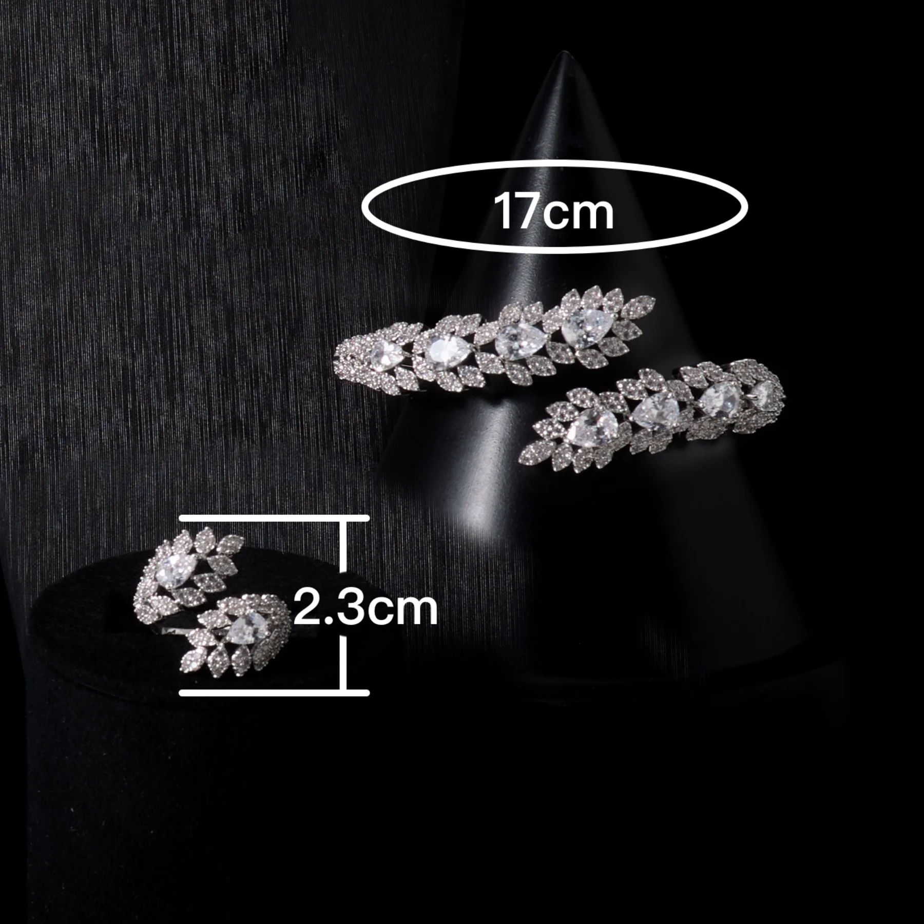 InJewelife Elegant Leaf Crystal Jewelry Set Women Silver Plated Open Cuff Bangle Adjustable Ring Bridal Wedding