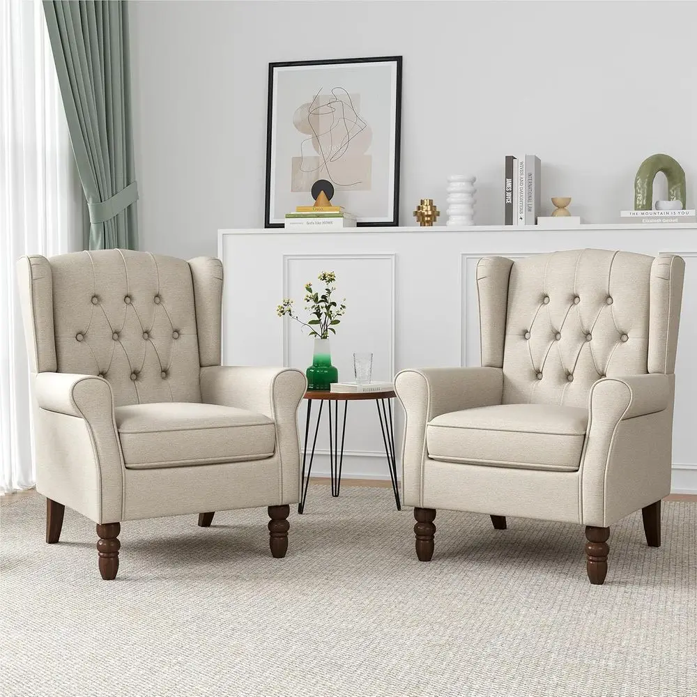 Set of 2 High-Back Button-Tufted Accent Chairs with Solid Wood Legs, Beige Upholstery for Living Room or Bedroom
