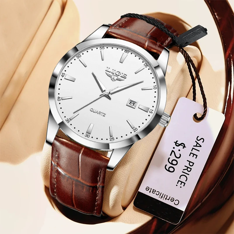Reloj LIGE 2025 original de cuarzo para hombre, correa de cuero clásica resistente al agua de lujo, relojes simples con calendario de negocios para hombre