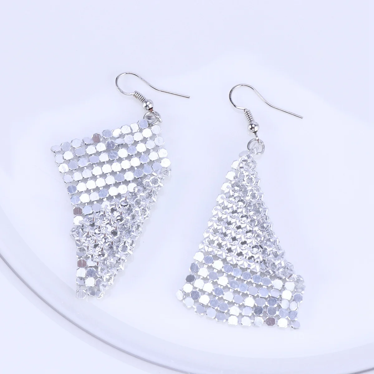 

Fashion Square Sequin Tassel Earrings Long Alloy Anti-Allergy Jewelry For Wedding Banquet Daily Wear Silver Color