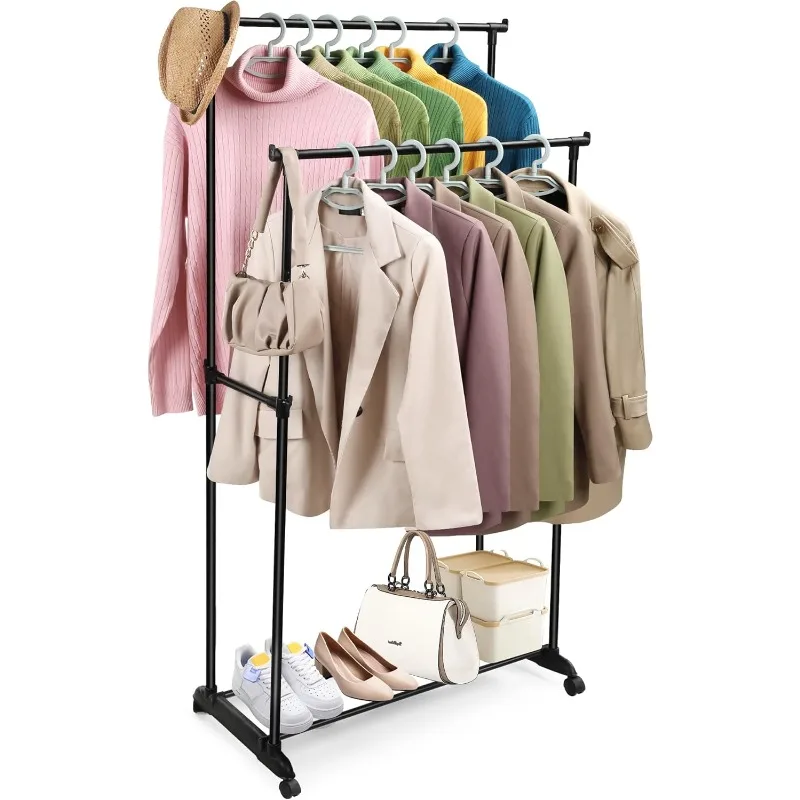 Clothes Rack, Double Rod Clothing Racks for Hanging Clothes, 41.8 lbs Capacity Portable Garment Rack, 3 Adjustable Heights