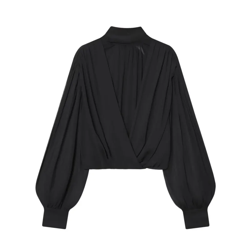 Women Fold Translucent Balloon Version Shirts Autumn Standing Collar Long Sleeve Back Bow Blouses Casual Female Tops