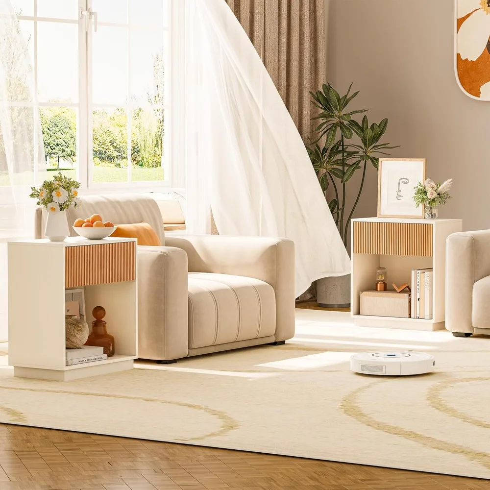 침실용 협탁 2개 세트, 서랍과 수납 선반이 있는 모던 침대 협탁, 중세기 스타일 나무 협탁