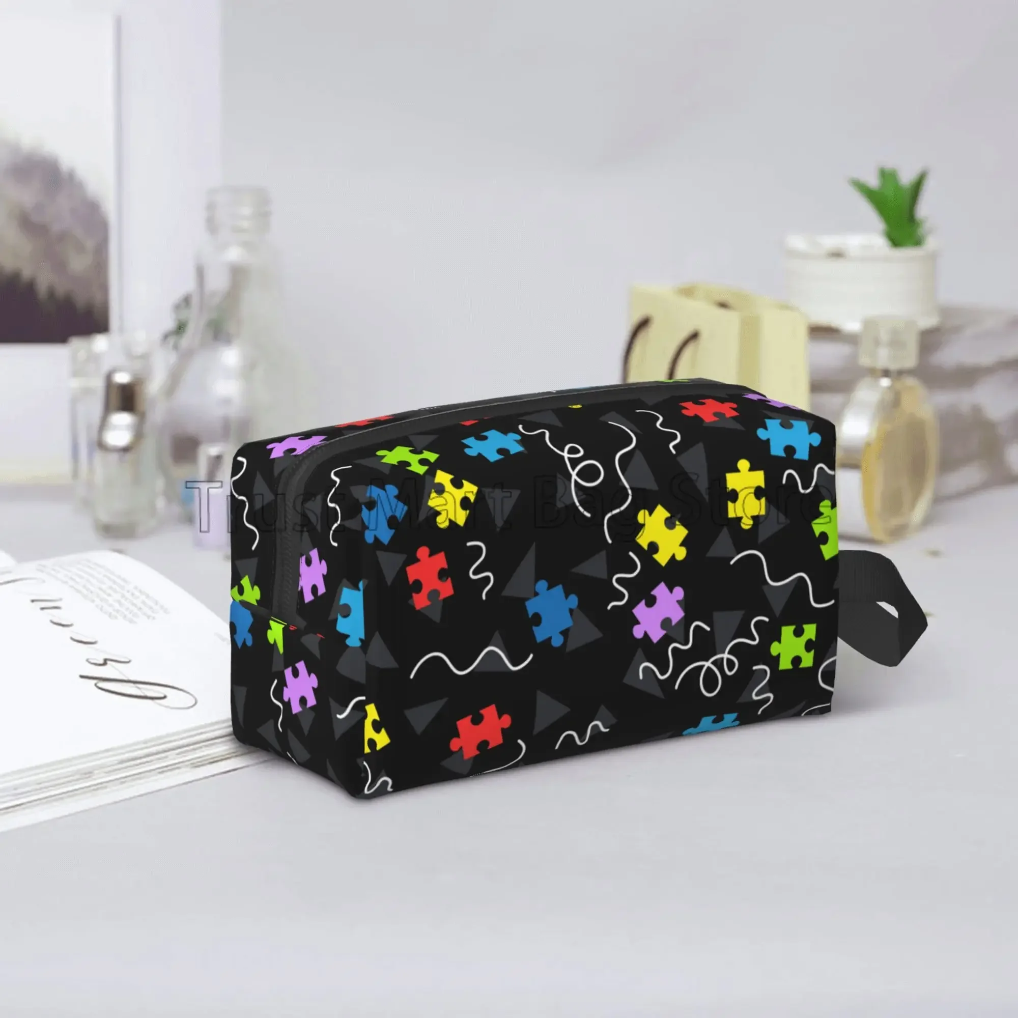 Autism Awareness Puzzle Piece Pattern Toiletry Bag Portable Large Capacity Travel Cosmetic Bag Make Up Organizer Pouch