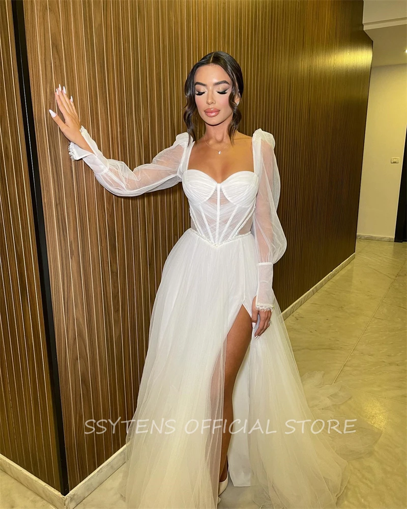 Stylish Wedding Evening dress Sexy High Split Long Sleeves Bride Dresses Tulle Israel Saudi Women Party Ceremony Gowns Ladies