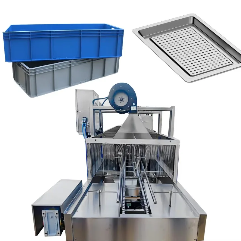 Custom Industrial 3-Tank Crate Washing Machine Stainless Steel Basket Cleaning Equipment