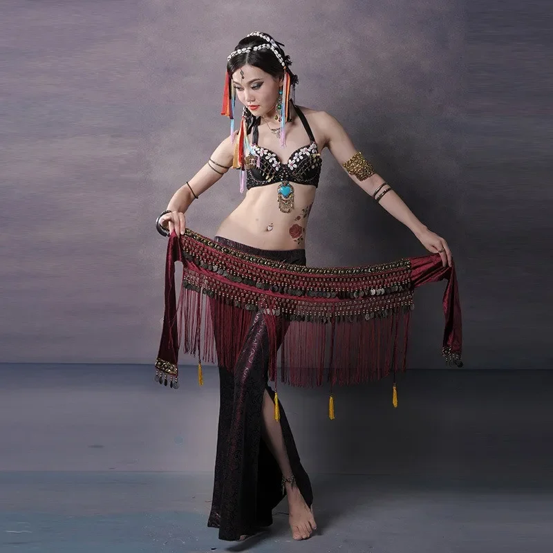 Donne Tribal danza del ventre Hip sciarpe Bellydance vita catena cinture ATS gonna a portafoglio con frange monete flanella Vintage Boho Show