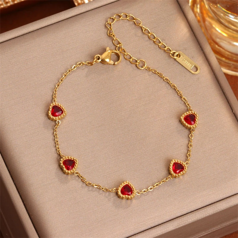 Kuziduocai 316L Stainless Steel 2025 New Fashion Jewelry Embed 3-Colors Zircon Seashell 5 Hearts Charm Chain Bracelets For Women