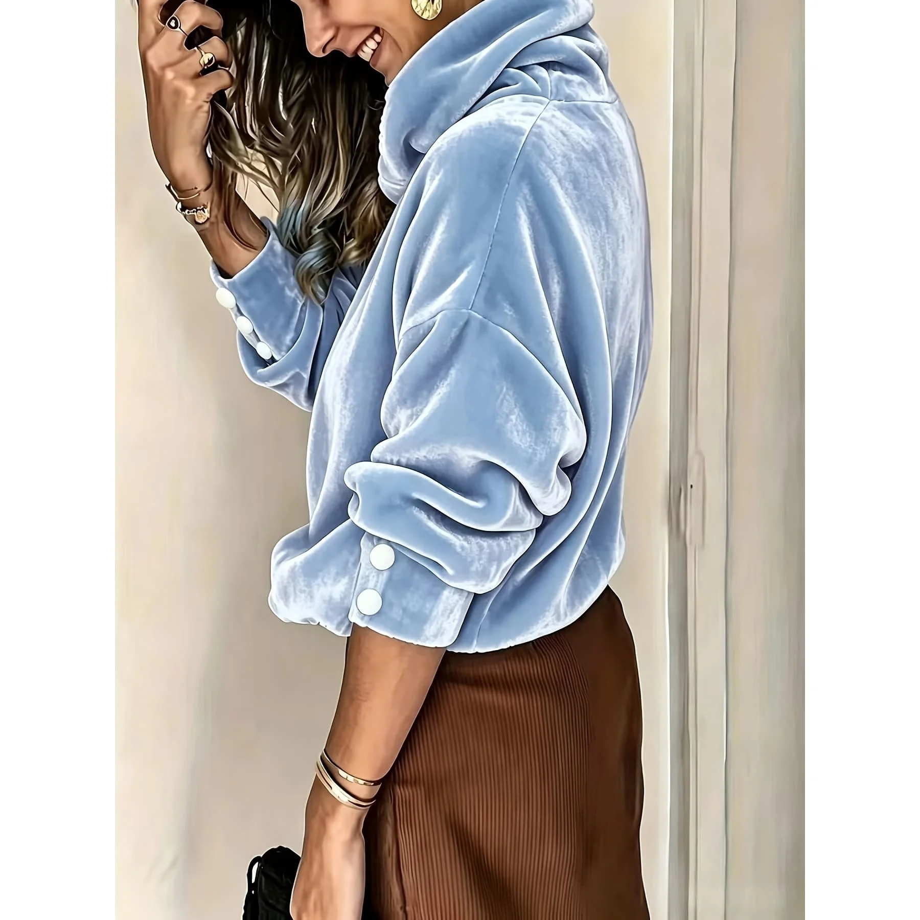 Loose for Fit Solid For Velvet For Top for Women Featuring Medium Stretch High Neck and Button Detail for All-Day Wear