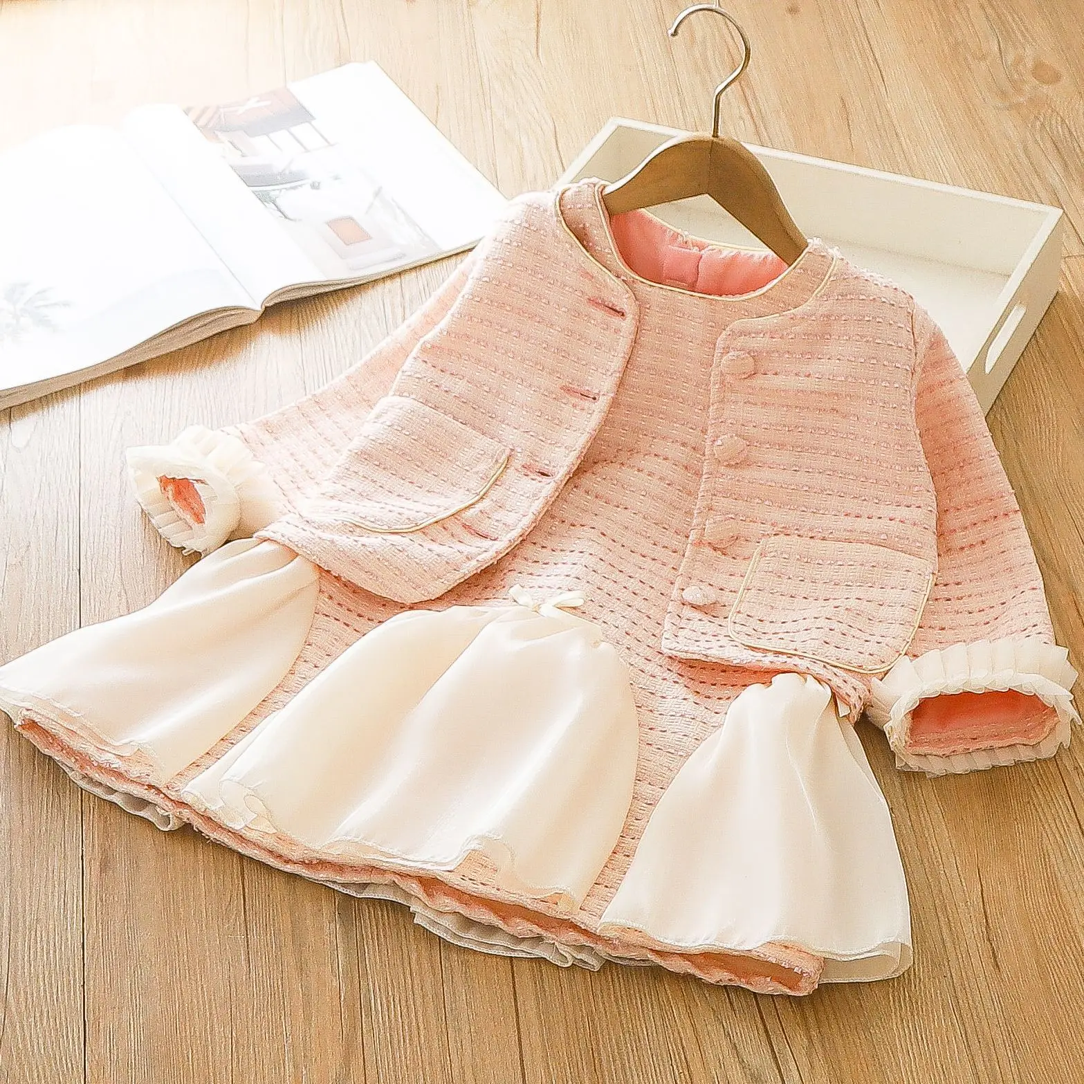 

children clothing girls set 2024 autumn clothing foreign style pink coat vest dress two-piece set