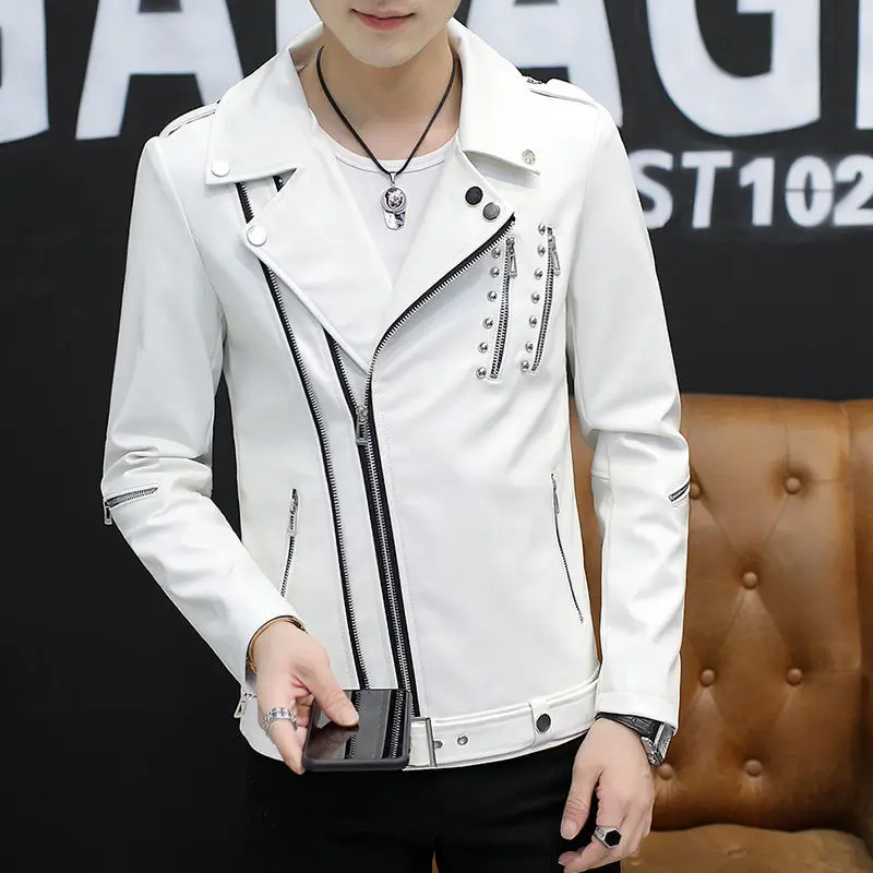 2024 Spring and Autumn Men\'s Leather Jacket Slim Fit Functional Personality Short Coat