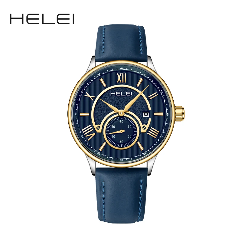 HELEI Fashion new sports casual quartz watch date genuine leather strap men's wristwatch