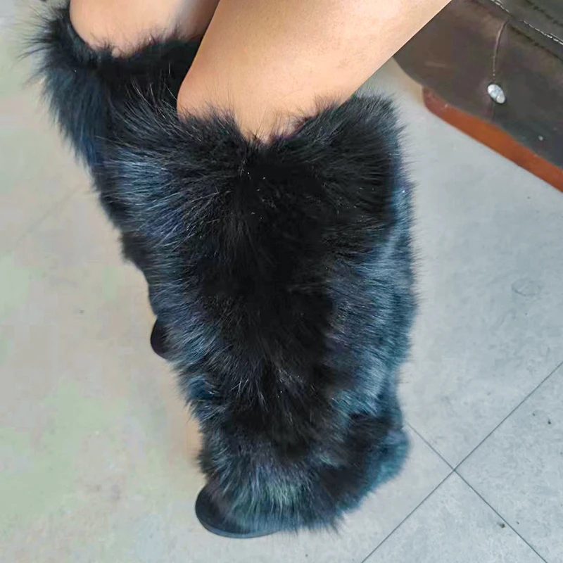 

Real Fox Hair Warm 8cm Height Increasing Wedges Knee High Long Snow Boots Women Round Toe Slip-on Casual Flats Winter Shoes 2024